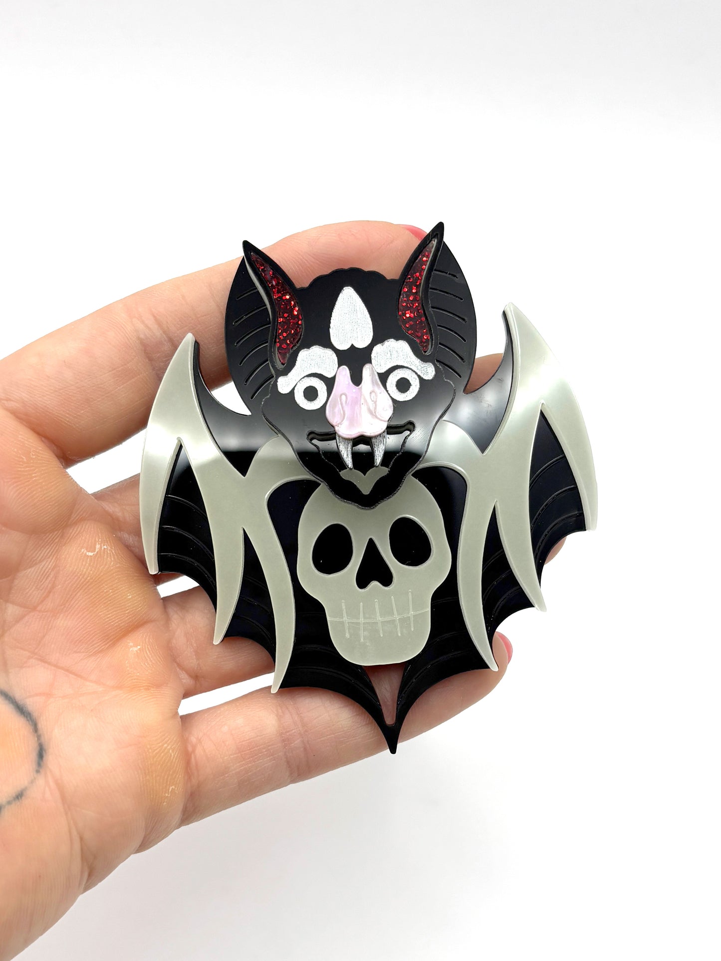 Glow in the Dark Bat Skull Brooch