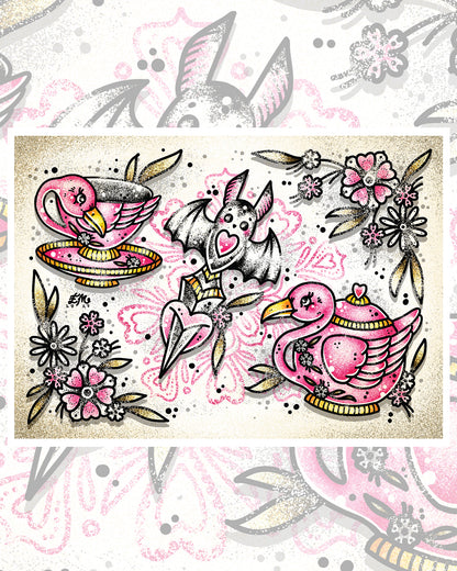 Flamingo Tea Bat Dagger Art Print