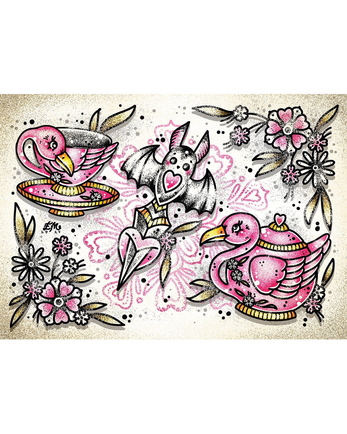 Flamingo Tea Bat Dagger Art Print