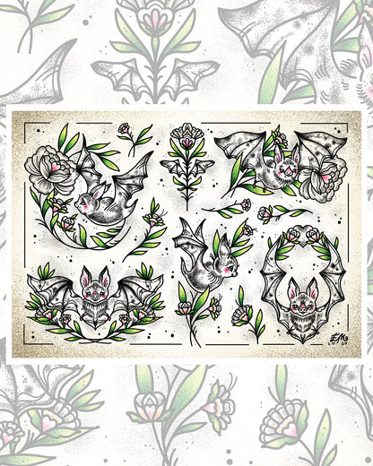 Floral Folk Bats Art Print