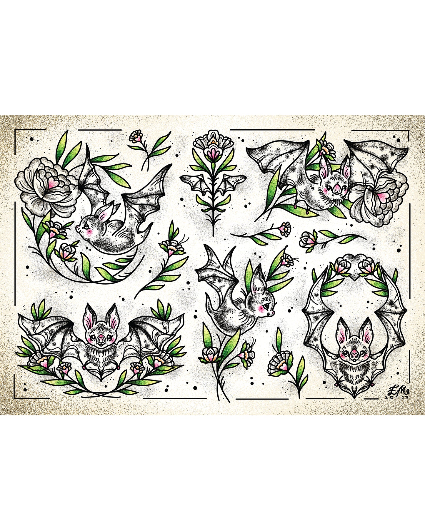 Floral Folk Bats Art Print