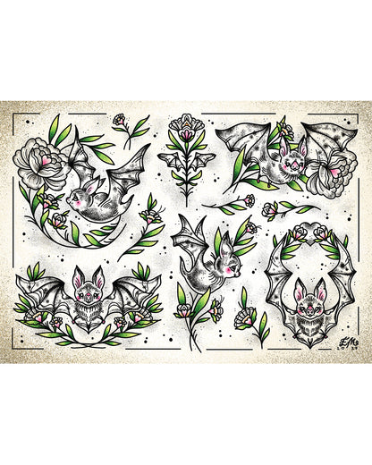 Floral Folk Bats Art Print