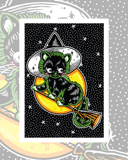 Halloween Cat on Broom Art Print