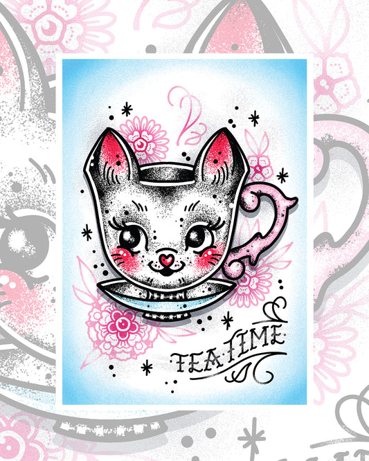 Kitty Teacup Art Print