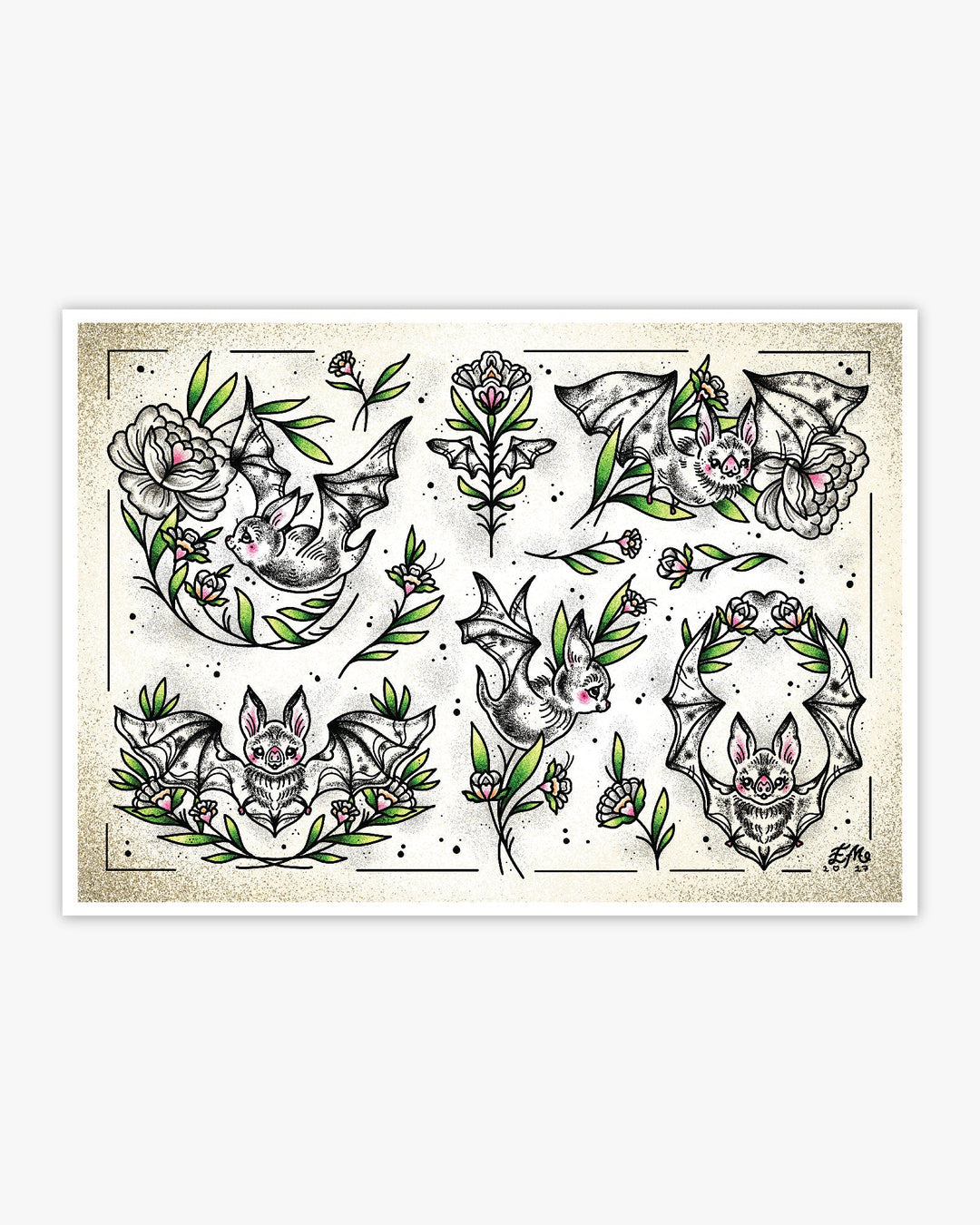 Floral Folk Bats Print - Ella Mobbs