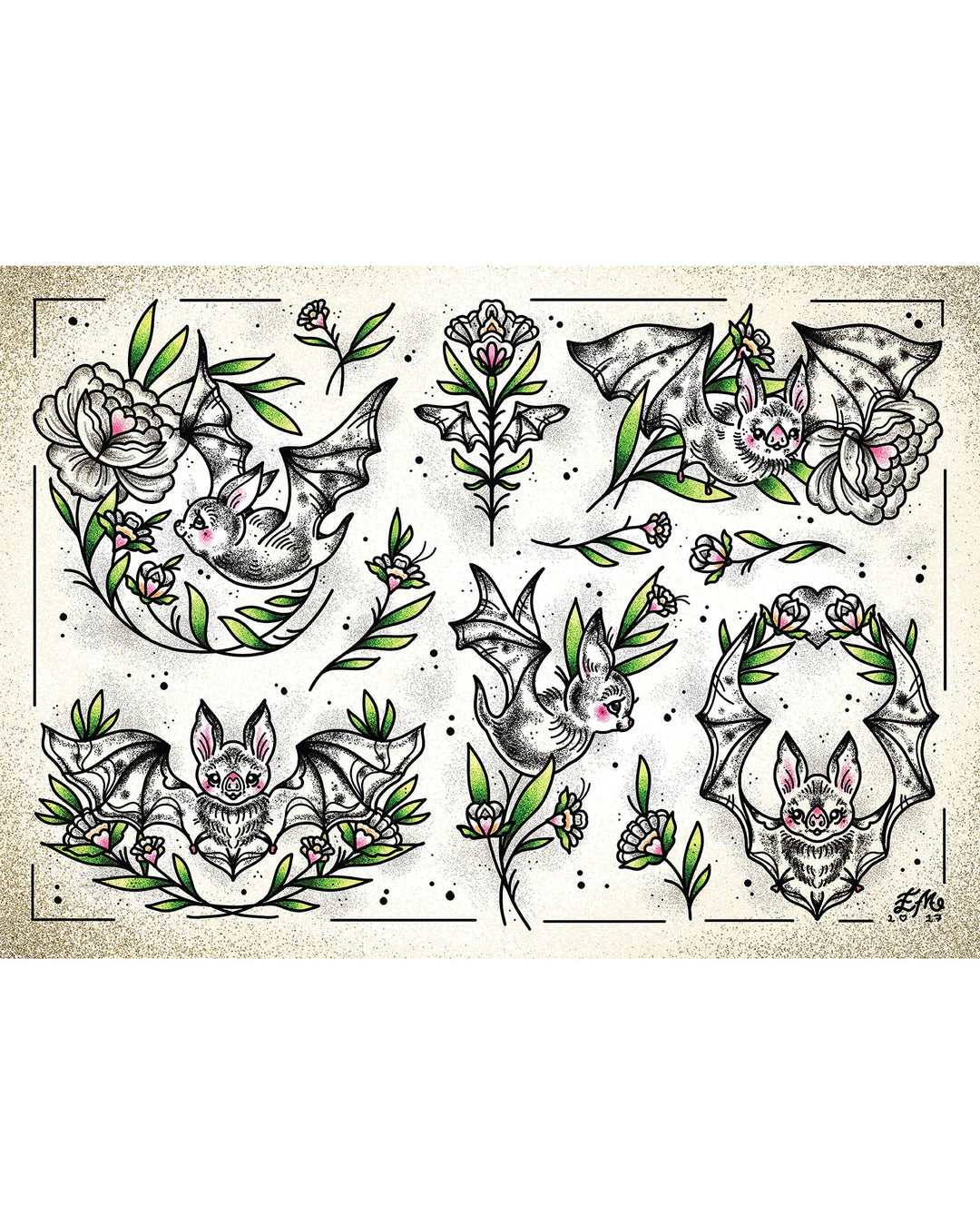 Floral Folk Bats Print - EllaMobbs