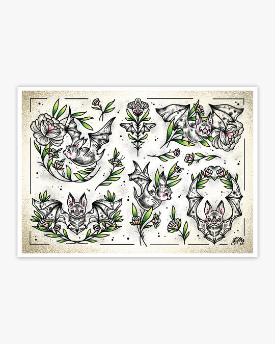 Floral Folk Bats Print