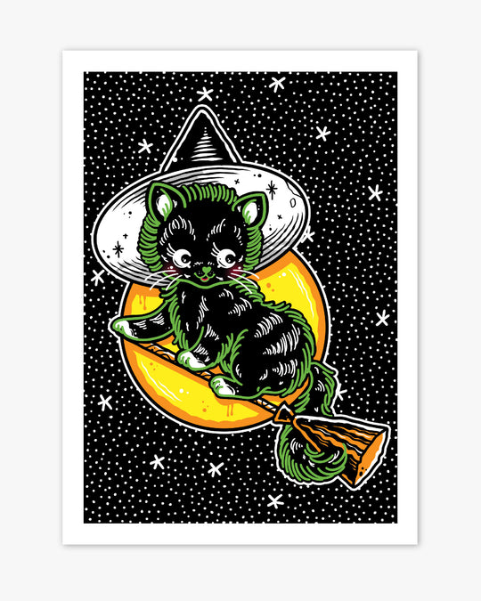 Halloween Cat on Broom Print
