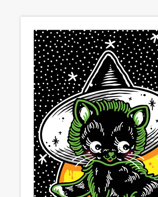Halloween Cat on Broom Print