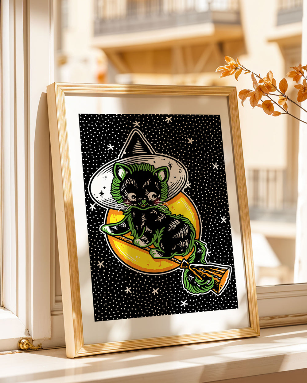 Halloween Cat on Broom Print