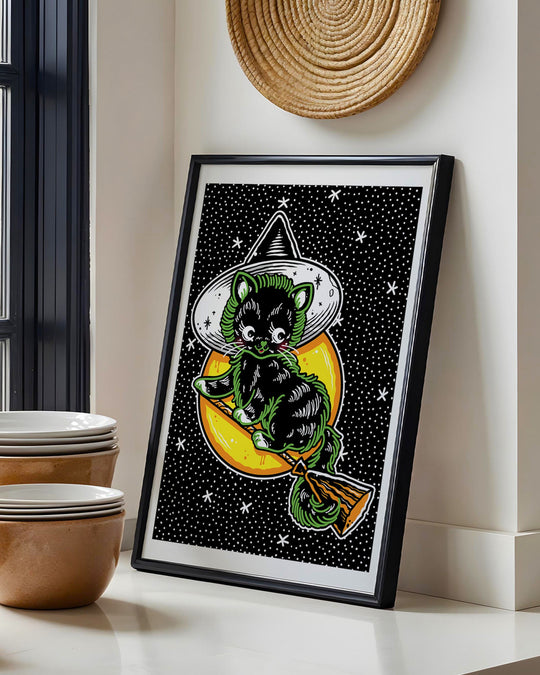 Halloween Cat on Broom Print - Ella Mobbs