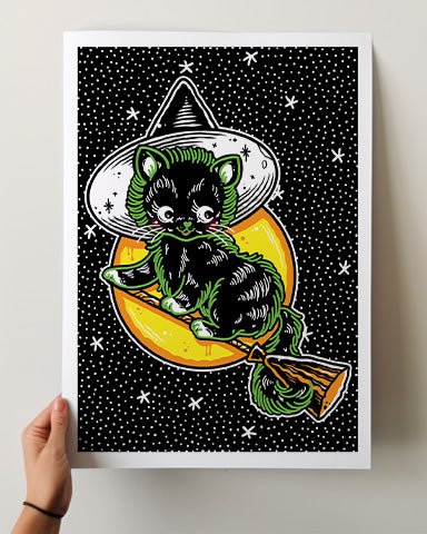 Halloween Cat on Broom Print - Ella Mobbs