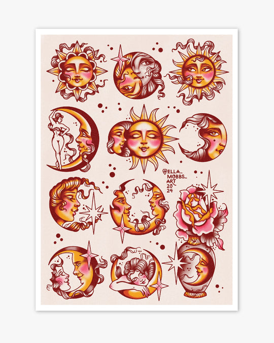 Suns And Moons Tattoo Flash Print