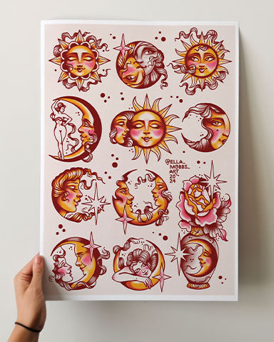 Suns And Moons Tattoo Flash Print