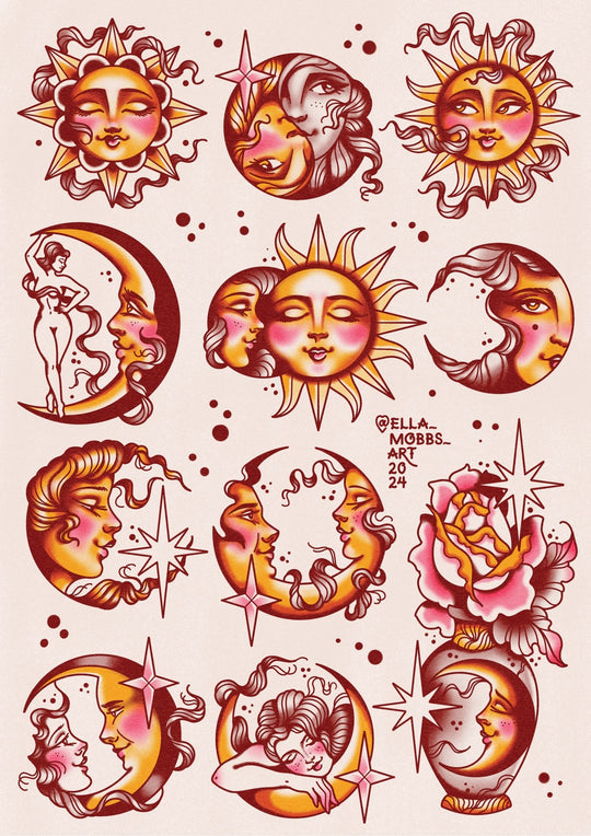 Suns And Moons Tattoo Flash Print - EllaMobbs