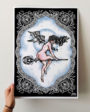 Witch on Broom Print - Ella Mobbs