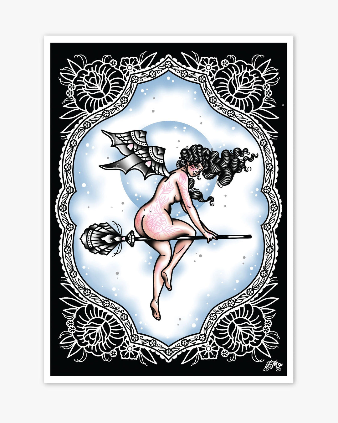 Witch on Broom Print - Ella Mobbs