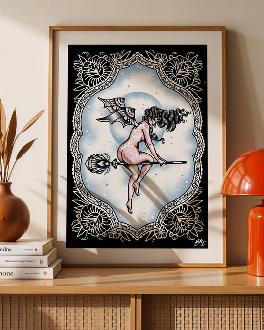 Witch on Broom Print - Ella Mobbs